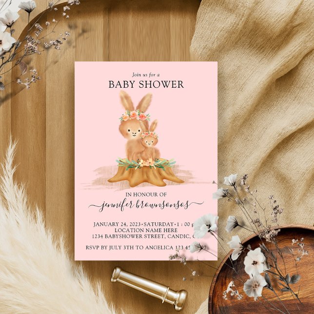 Pink Boho Rabbit Mommy Bunny Baby Invitation (Creator Uploaded)
