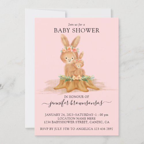 Pink Boho Rabbit Mommy Bunny Baby Invitation