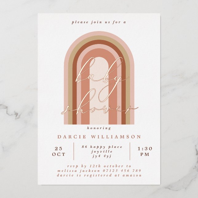 Pink Boho Rainbow Baby Shower Rose Gold Foil Invitation (Front)