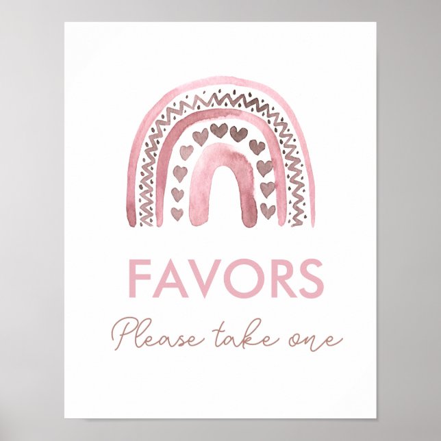 Pink Boho Rainbow Girl Birthday Favors Sign (Front)