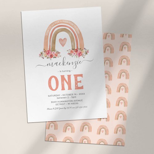 Pink Boho Rainbow Girl First Birthday Invitation