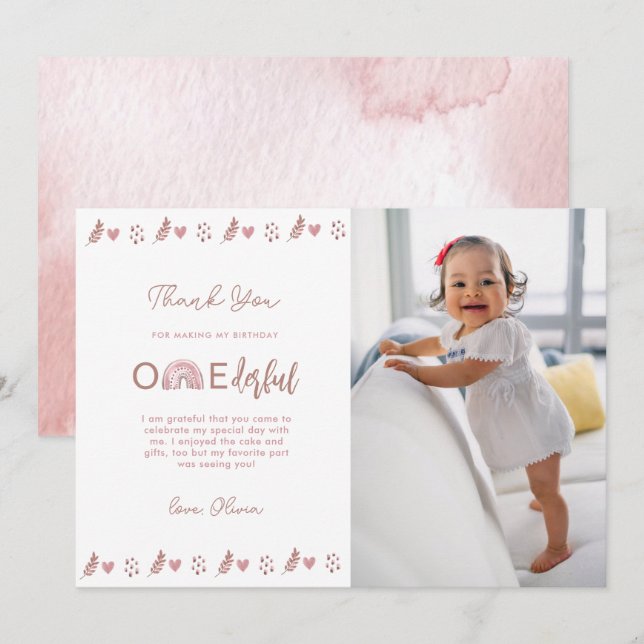 Pink Boho Rainbow Isn't She Onederful Thank You Card (Front/Back)