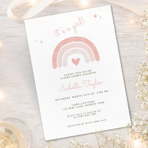 Pink Boho Rainbow Watercolor Star Girl Baby Shower Invitation