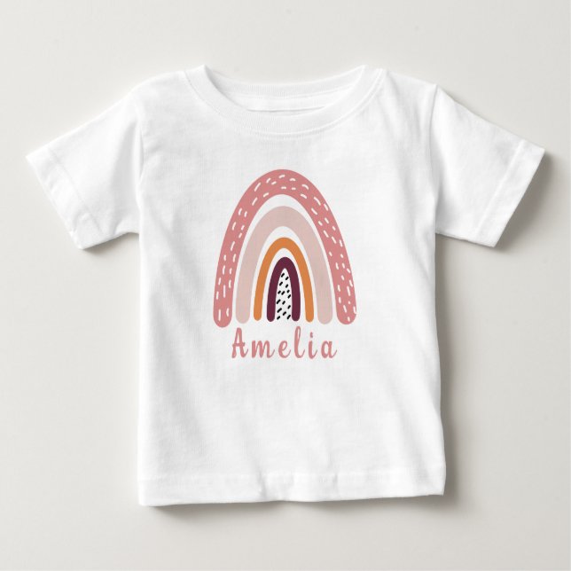 Pink Boho Rainbow with Personalized Name  Baby T-Shirt (Front)