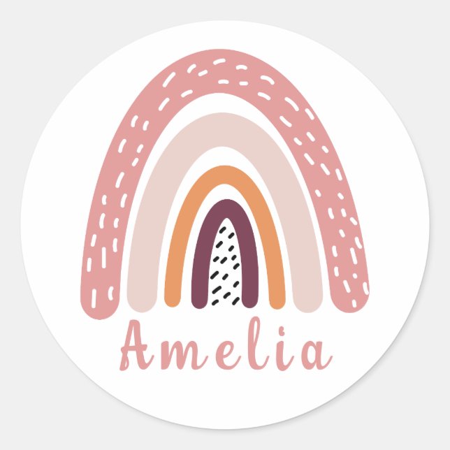 Pink Boho Rainbow with Personalized Name  Classic Round Sticker (Front)