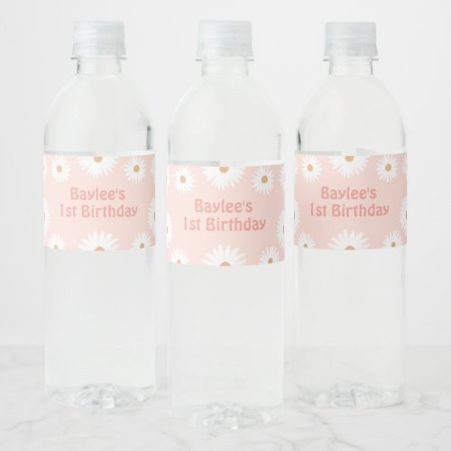 Pink Boho Retro Daisy Birthday Party Water Bottle Label