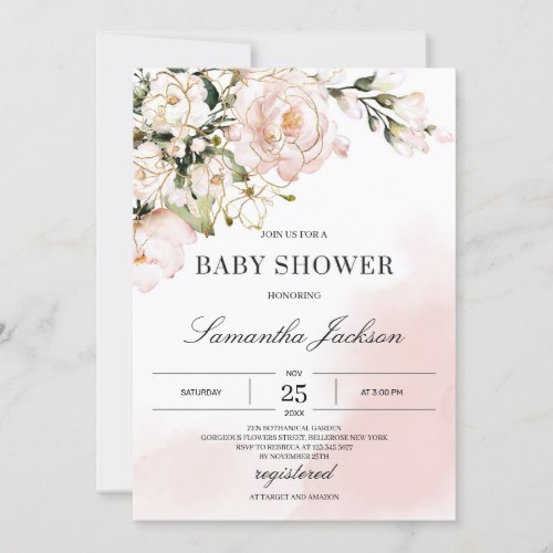 Pink boho rose gold floral spring baby shower invitation