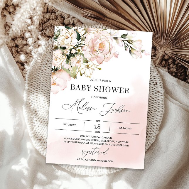 Pink boho rose gold floral spring baby shower invitation (Pink boho rose gold floral spring baby shower invitation)