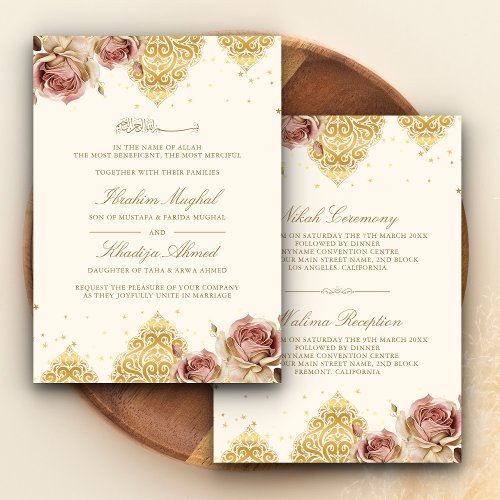 Pink Boho Rose Islamic Motif Cream Muslim Wedding Invitation