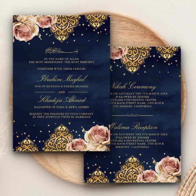 Pink Boho Rose Islamic Motif Navy Muslim Wedding Invitation (Creator Uploaded)