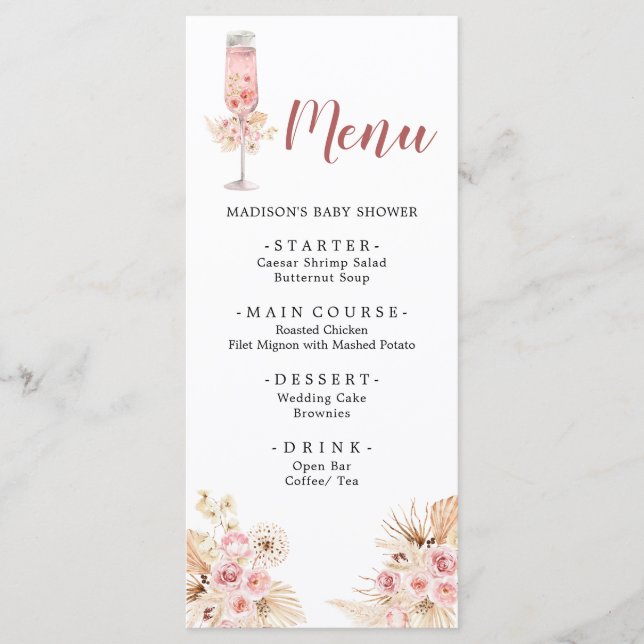 Pink Boho Rose Soiree Bridal Shower Menu (Front)