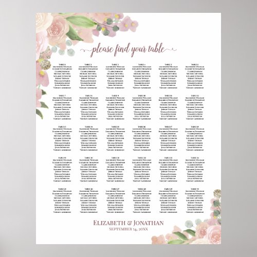 Pink Boho Roses 30 Table Wedding Seating Chart