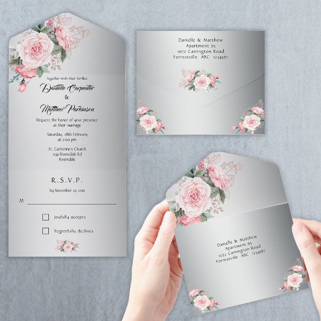 Pink Boho Roses and Metallic Silver Wedding All In One Invitation (Creator Uploaded)