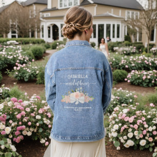 Pink Boho Roses Bouquet Maid of Honor Wedding Gift Denim Jacket