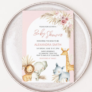 Pink Boho Safari Animals Baby Shower Invitation