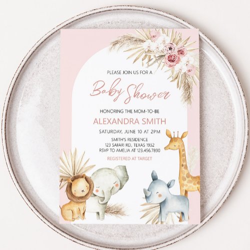 Pink Boho Safari Animals Baby Shower  Invitation