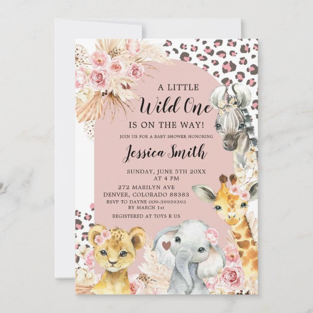 Pink Boho Safari Party Animals Girl Baby Shower Invitation (Front)