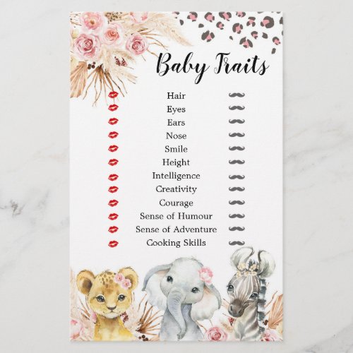 Pink Boho Safari Party Animals Girl Baby Traits