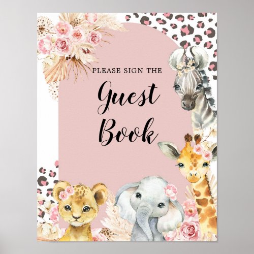 Pink Boho Safari Party Animals Girl Guest Book