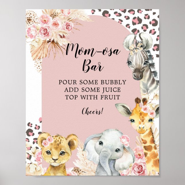 Pink Boho Safari Party Animals Girl Mom-osa Bar Poster (Front)