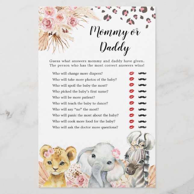 Pink Boho Safari Party Animals Girl Mommy or Daddy (Front)