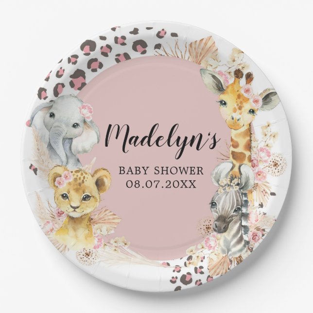 Pink Boho Safari Party Animals Girl Paper Plate (Front)