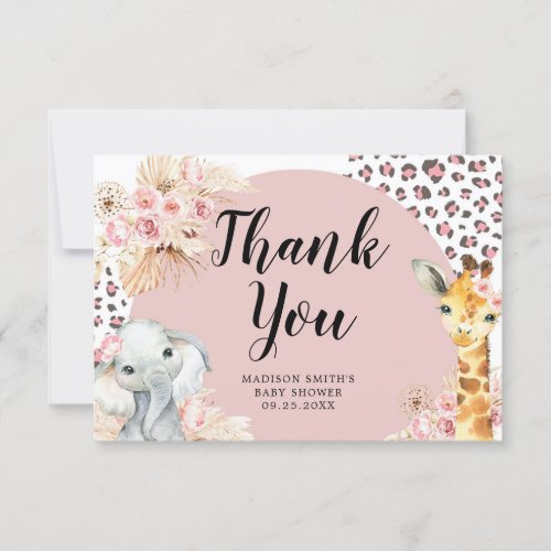Pink Boho Safari Party Animals Girl Thank You Card