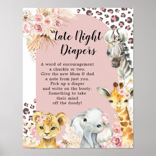 Pink Boho Safari Party Animals Late Night Diaper Poster