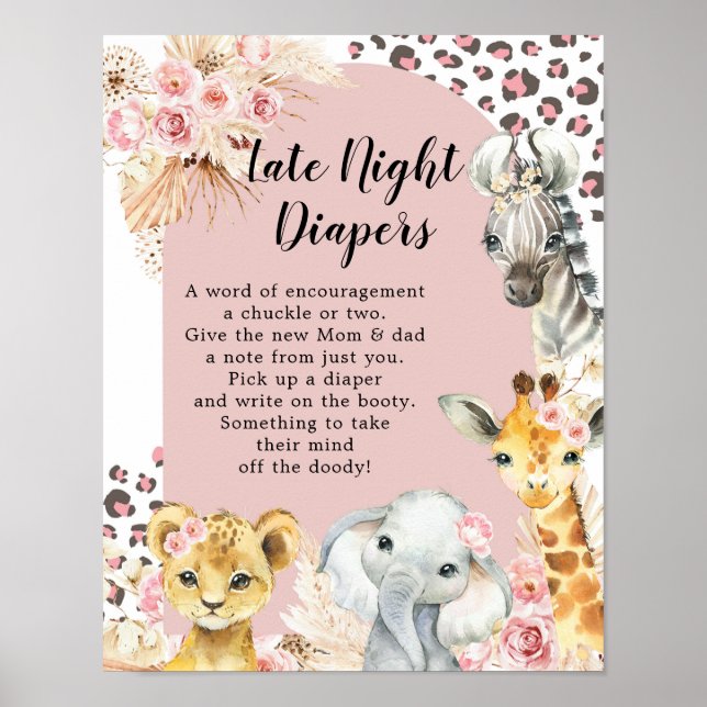 Pink Boho Safari Party Animals Late Night Diaper Poster (Front)