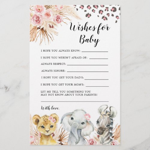 Pink Boho Safari Party Animals Wishes for Baby