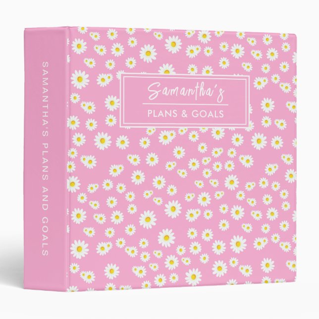 Pink Boho Spring Daisies Pattern 3 Ring Binder (Front/Spine)