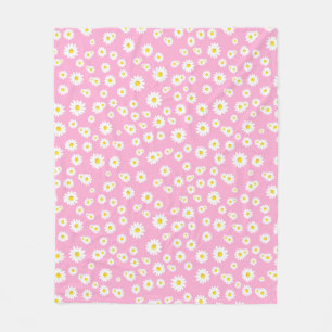Pink Boho Spring Daisies Pattern Fleece Blanket