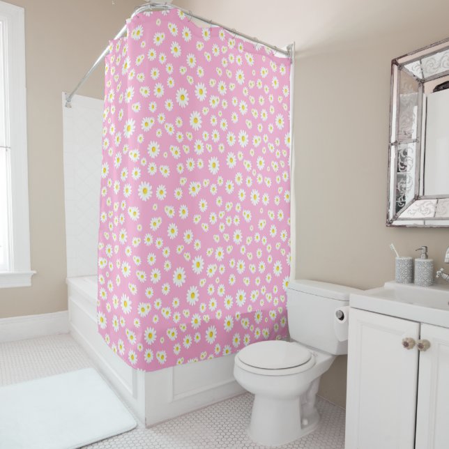 Pink Boho Spring Daisies Pattern Shower Curtain (In Situ)
