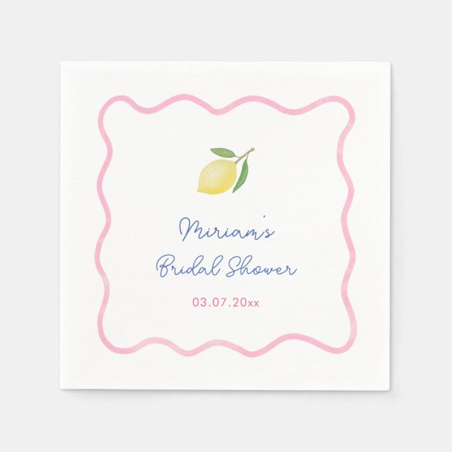Pink Boho Squiggle Border Lemons Bridal Shower Napkins (Front)