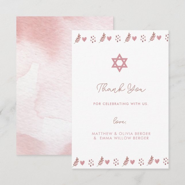 Pink Boho Star of David Jewish  Thank You Card (Front/Back)