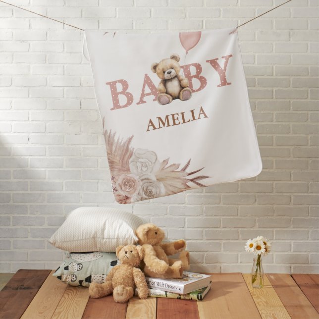 Pink Boho Teddy Bear Baby Girl Nursery Gift Baby Blanket (In Situ)