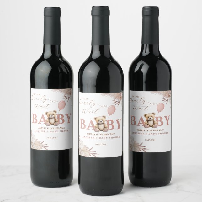 Pink Boho Teddy Bear Baby Shower Wine Label (Bottles)
