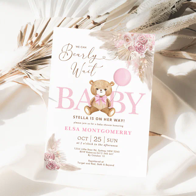 Pink Boho Teddy Bear Pampas Grass Girl Baby Shower Invitation | Zazzle