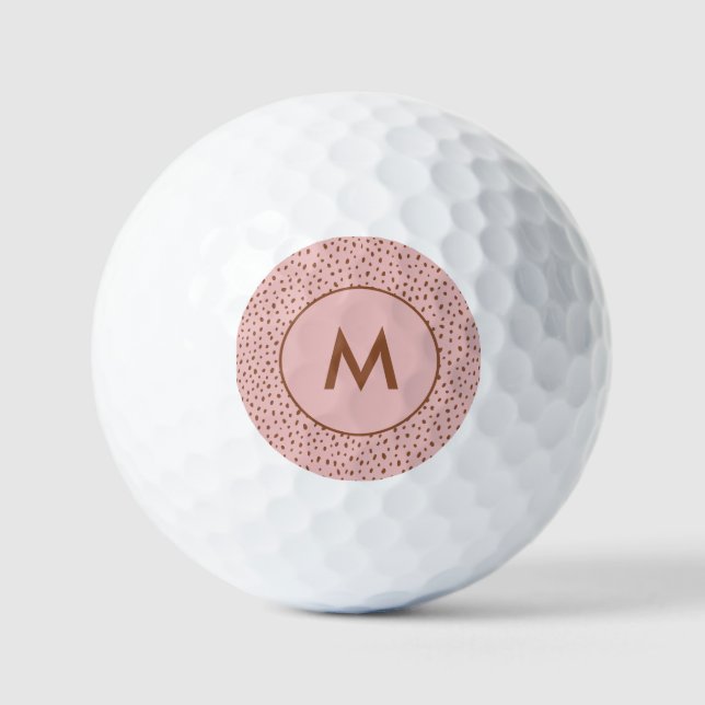 Pink & Boho Terracotta Brown Dots Monogram Golf Balls (Front)