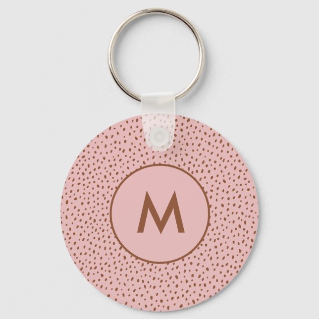 Pink & Boho Terracotta Brown Dots Monogram Keychain (Front)