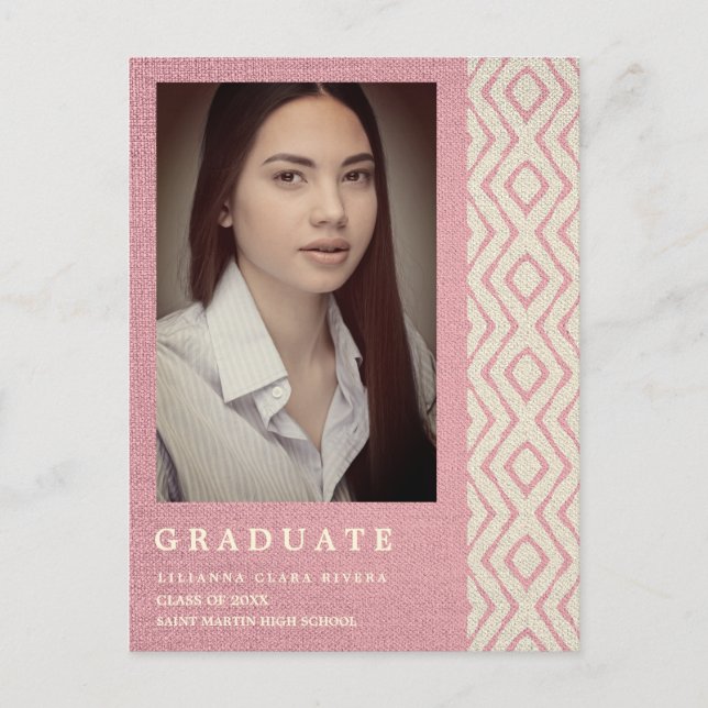 Pink Boho Textile Texture Photo Unisex Graduation Announcement Postcard (Front)