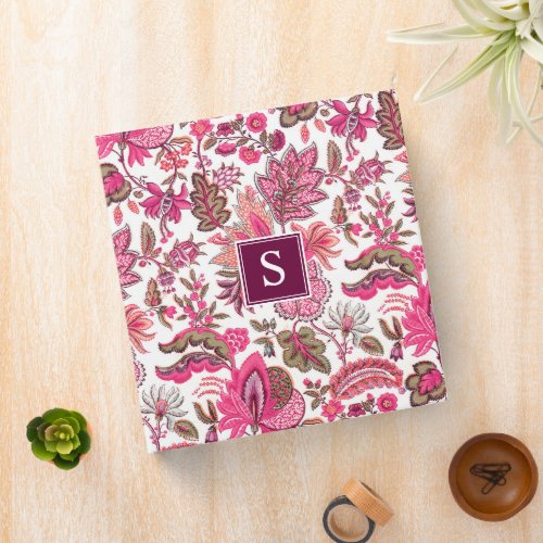 Pink Boho Vintage Floral Monogram 3 Ring Binder