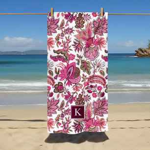 Pink Boho Vintage Floral Monogram Beach Towel