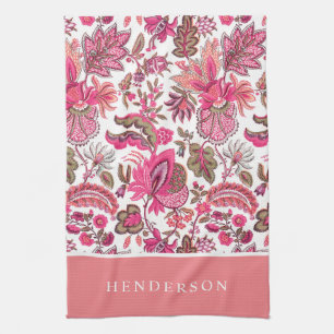 Pink Boho Vintage Floral Monogram Kitchen Towel