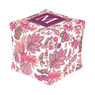 Pink Boho Vintage Floral Monogram Outdoor Pouf