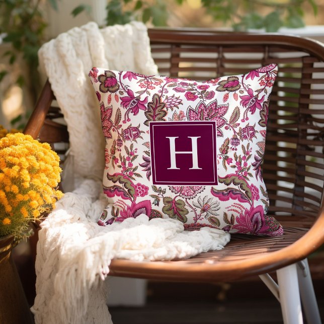 Pink Boho Vintage Floral Monogram Throw Pillow (Creator Uploaded)