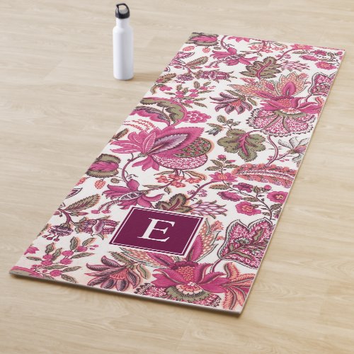 Pink Boho Vintage Floral Monogram Yoga Mat