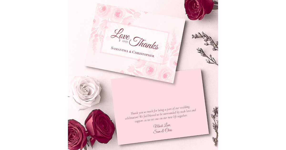 Pink Boho Watercolor Floral Love & Thanks Wedding Thank You Card | Zazzle