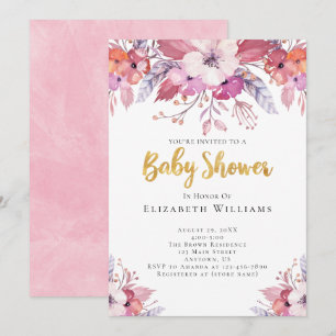 Pink Boho Watercolor Flowers Girl Baby Shower Invitation