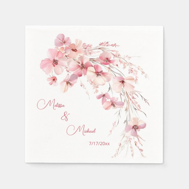 Pink Boho Watercolor Flowers Your Names Wedding Napkins (Front)